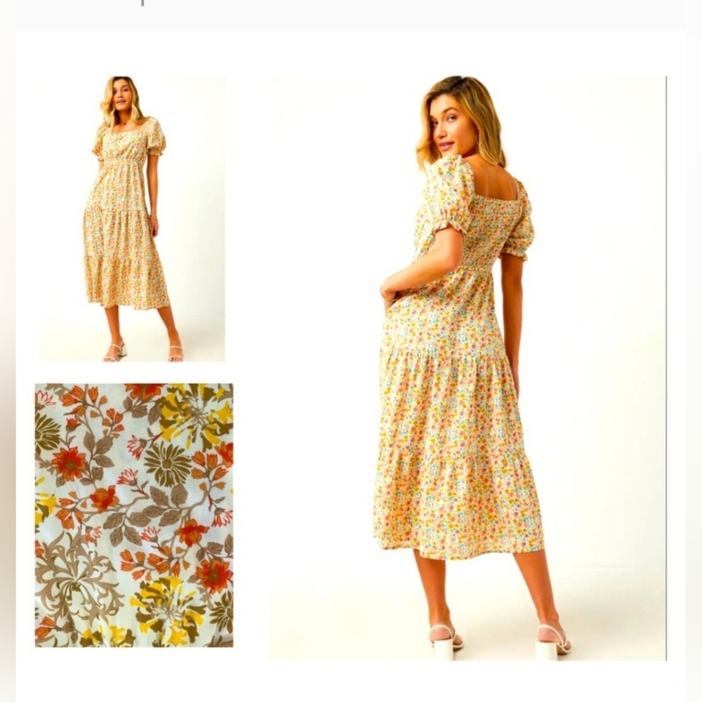 Hayden Los Angeles - Fall Floral Print Smocked Square Neck Puffed Sleeve Dress.